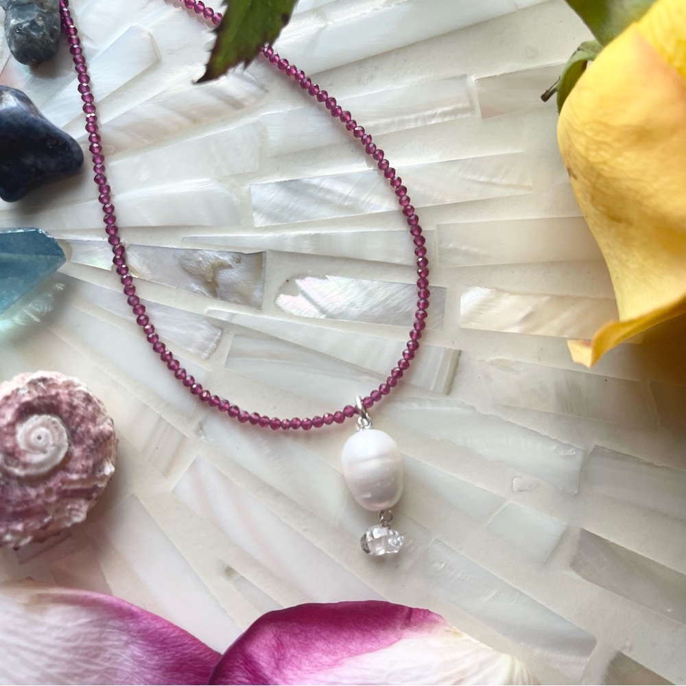 Pearl + Herkimer Diamond + Faceted Ruby Red Beaded Necklace